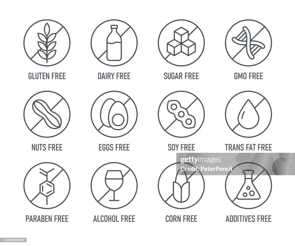 Natural Products. Allergens. Food Intolerance. Set of icons - Dairy Free, Gluten Free, Sugar Free, GMO Free, Nut Free, Paraben free. Vector illustration.