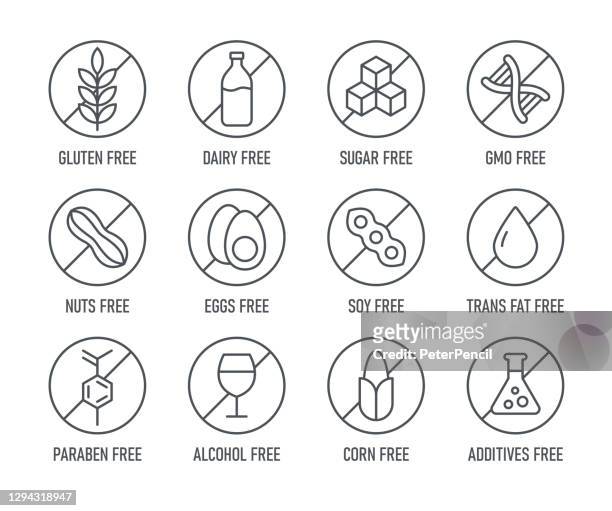 natural products. allergens. food intolerance. set of icons - dairy free, gluten free, sugar free, gmo free, nut free, paraben free. vector illustration. - freedom stock illustrations