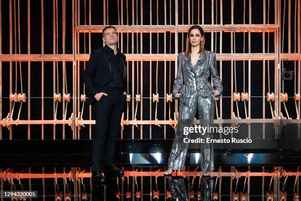 Andrea Delogu and Stefano Massini attend the 'Ricomincio Da Raitre' TV Show, at Teatro Sistina on December 27, 2020 in Rome, Italy.