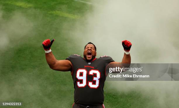 Ndamukong Suh of the Tampa Bay Buccaneers takes the field during a game against the Atlanta Falcons at Raymond James Stadium on January 03, 2021 in...