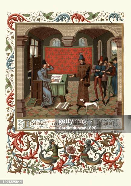 jean froissart writing his chronicles, medieval author and court historian - circa 14th century stock illustrations