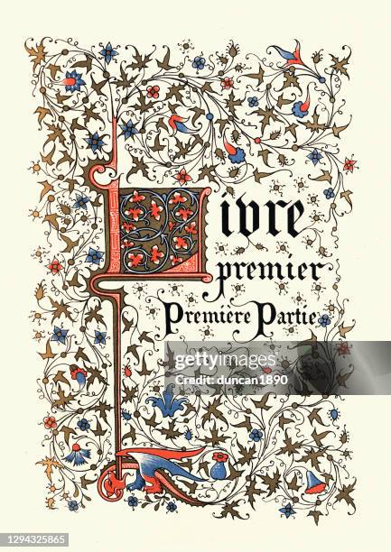 ornate calligraphy medieval style title, french, livre premier, premiere partie - illuminated manuscript stock illustrations