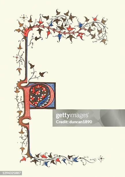 ornate illuminated capital letter p, medieval style - medieval illuminated letter stock illustrations