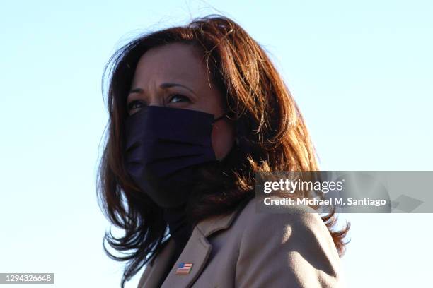 Vice President-elect Kamala Harris arrives at Savannah/Hilton Head International Airport on January 03, 2021 in Savannah, Georgia. Vice...