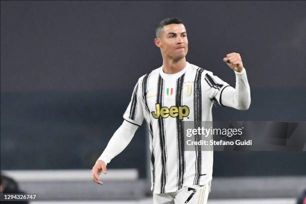 Cristiano Ronaldo of Juventus FC celebrates a goal during the Serie A match between Juventus and Udinese Calcio at on January 3, 2021 in Turin, Italy.