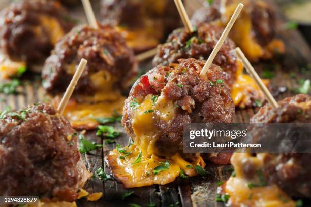 stuffed bacon cheeseburger meatball bites - ground beef stock pictures, royalty-free photos & images