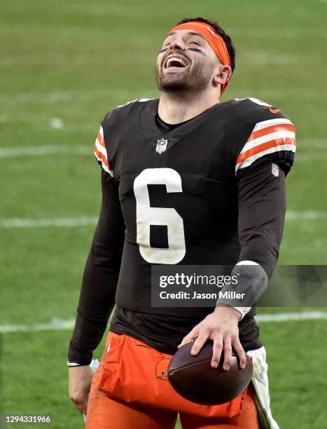 Baker Mayfield of the Cleveland Browns celebrates after defeating the Pittsburgh Steelers 24-22 at FirstEnergy Stadium on January 03, 2021 in...
