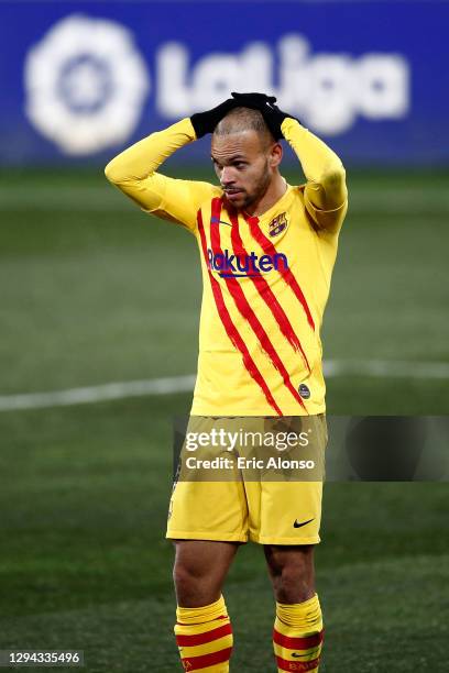 Martin Braithwaite of Barcelona reacts during the La Liga Santander match between SD Huesca and FC Barcelona at Estadio El Alcoraz on January 03,...