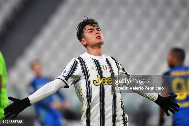 Paulo Dybala of Juventus F.C. Celebrates after scoring their team's fourth goal during the Serie A match between Juventus and Udinese Calcio at...