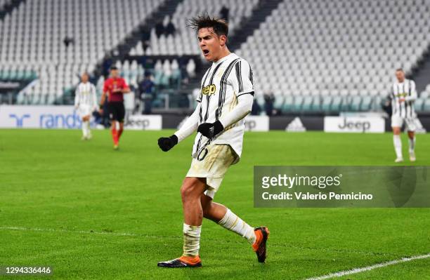 Paulo Dybala of Juventus F.C. Celebrates after scoring their team's fourth goal during the Serie A match between Juventus and Udinese Calcio at...
