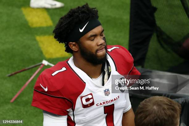 Kyler Murray of the Arizona Cardinals reacts on the sideline after suffering an apparent injury during the first quarter against the Los Angeles Rams...