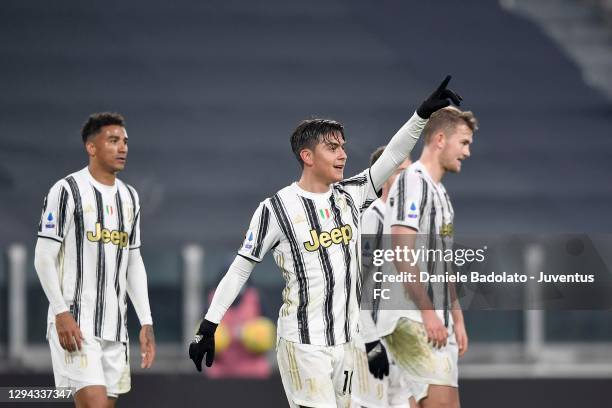 Paulo Dybala of Juventus celebrates after scoring his team's fourth goal during the Serie A match between Juventus and Udinese Calcio at Allianz...