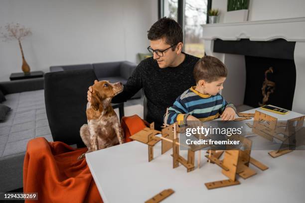 father and son sitting with dog in living room and playing with wooden toy blocks - pets thunderstorm stock pictures, royalty-free photos & images