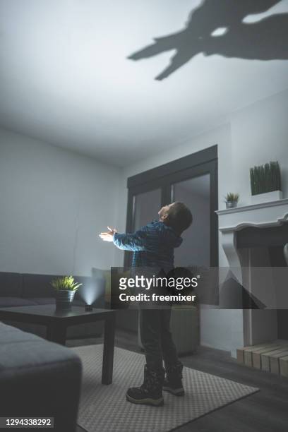 young boy standing and making shadow puppets on ceiling - shadow puppets stock pictures, royalty-free photos & images