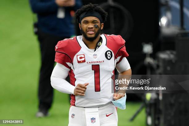 Kyler Murray of the Arizona Cardinals walks on the sideline during the second half against the Los Angeles Rams at SoFi Stadium on January 03, 2021...