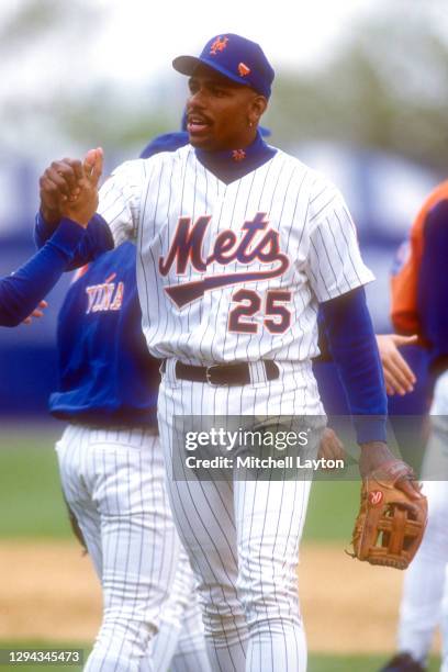 Bobby Bonilla of the New York Mets celebrates a win after a baseball game against the San Francisco Giants on July 6, 1994 at Shea Stadium in New...