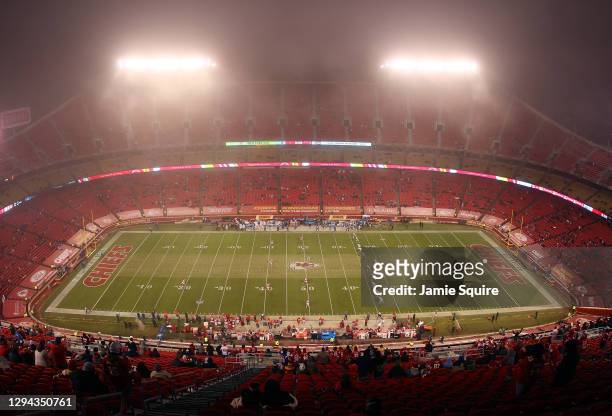 General view as fog envelops the field during the 2nd half of the game between the Los Angeles Charges and the Kansas City Chiefs at Arrowhead...