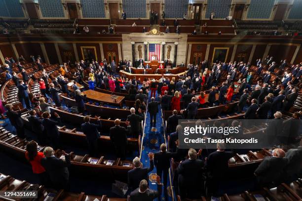 Speaker of the House Nancy Pelosi swears in new members of congress during the first session of the 117th Congress in the House Chamber at the US...