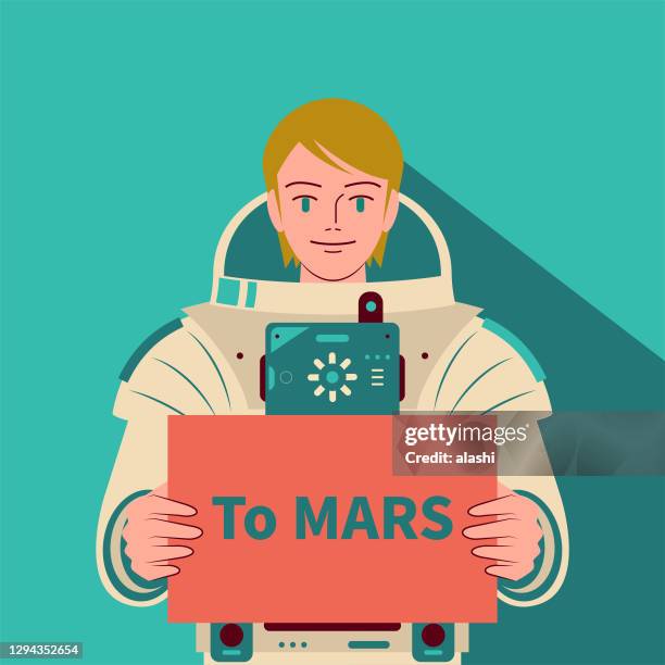 ilustraciones, imágenes clip art, dibujos animados e iconos de stock de sonriente hermosa astronauta (hombre espacial) sin casco sosteniendo un cartel con el texto "a mars", exploración de marte, inmigrantes de marte, viajes espaciales y exploración, competencia en el espacio exterior - mer