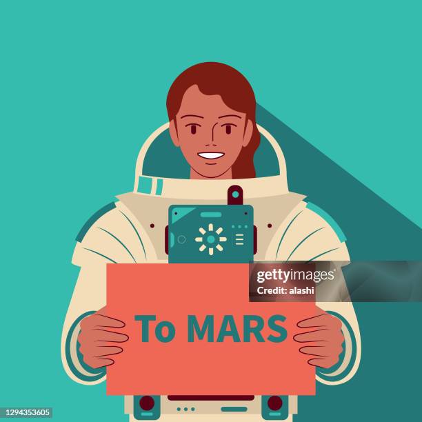 ilustraciones, imágenes clip art, dibujos animados e iconos de stock de sonriente hermosa astronauta (hombre espacial) sin casco sosteniendo un cartel con el texto "a mars", exploración de marte, inmigrantes de marte, viajes espaciales y exploración, competencia en el espacio exterior - mer