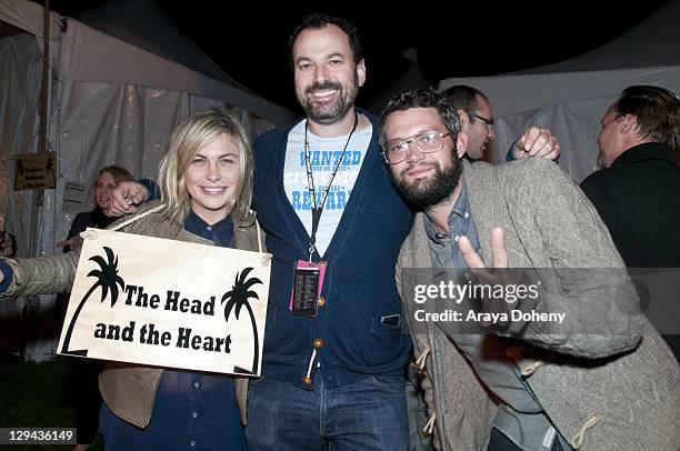 Charity Rose Thielen, Jordan Kurtland and Chris Zasche of The Head and the Heart baclstage on Day 2 of the Treasure Island Music Festival 2011 on...