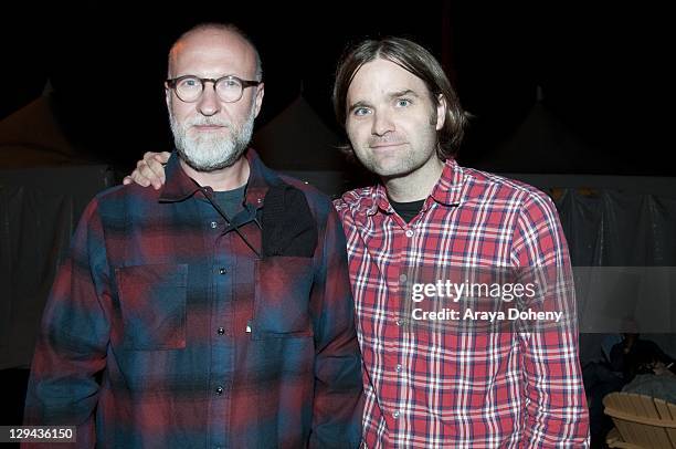 Bob Mould and Ben Gibbard backstage on Day 2 of the Treasure Island Music Festival 2011 on October 16, 2011 in San Francisco, California.