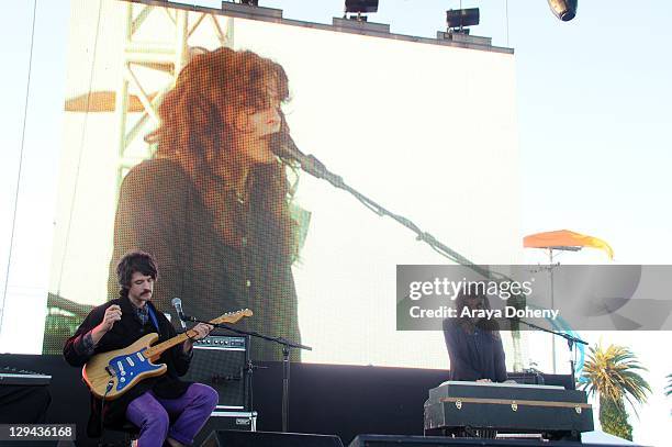 Alex Scally and Victoria Legrand of Beach House perform on Day 2 of the Treasure Island Music Festival 2011 on October 16, 2011 in San Francisco,...