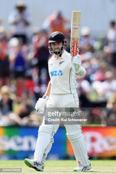 Kane Williamson of New Zealand celebrates his half century during day two of the Second Test match in the series between New Zealand and Pakistan at...