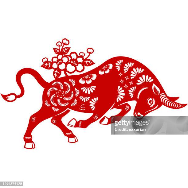 year of the ox papercut - chinese zodiac animals stock illustrations