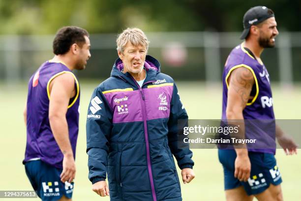 Coach Craig Bellamy looks on during a Melbourne Storm NRL training session at Gosch's Paddock on January 04, 2021 in Melbourne, Australia.