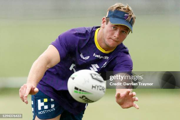 Harry Grant trains during a Melbourne Storm NRL training session at Gosch's Paddock on January 04, 2021 in Melbourne, Australia.