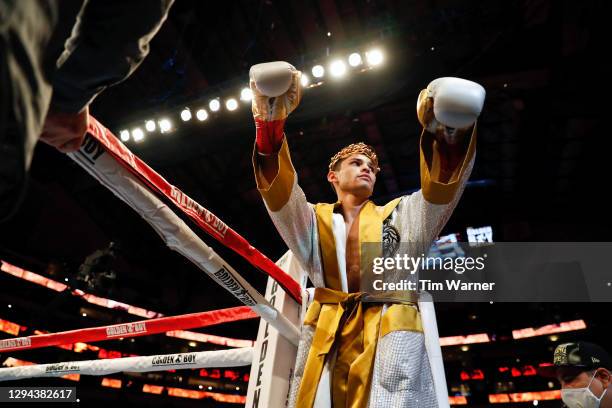 Ryan Garcia enters the ring before the WBC Interim Lightweight Title fight against Luke Campbell at American Airlines Center on January 02, 2021 in...
