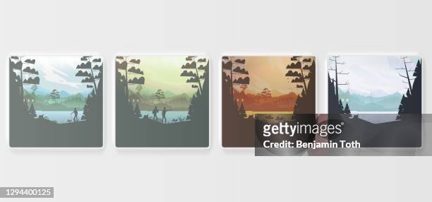 spring summer fall winter seasons in mountains with pine forest and summer camp with lake - lake logo stock illustrations
