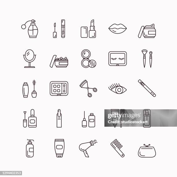 ilustraciones, imágenes clip art, dibujos animados e iconos de stock de iconos de la línea de cosméticos y belleza - base de maquillaje