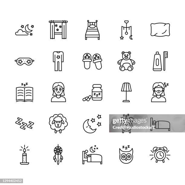 schlaf- und nachtliniensymbol-set - matratze stock-grafiken, -clipart, -cartoons und -symbole