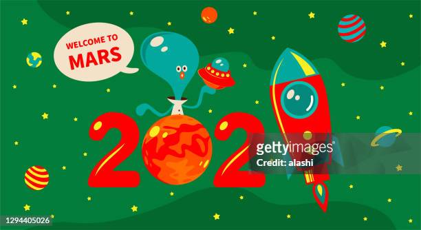 ilustraciones, imágenes clip art, dibujos animados e iconos de stock de misiones para explorar marte en 2021, la carrera espacial va a toda velocidad, un cohete (nave espacial, transbordador espacial) volando en el espacio exterior, exploración de marte, inmigrantes de marte, viajes espaciales y exploración, competencia en e - mer