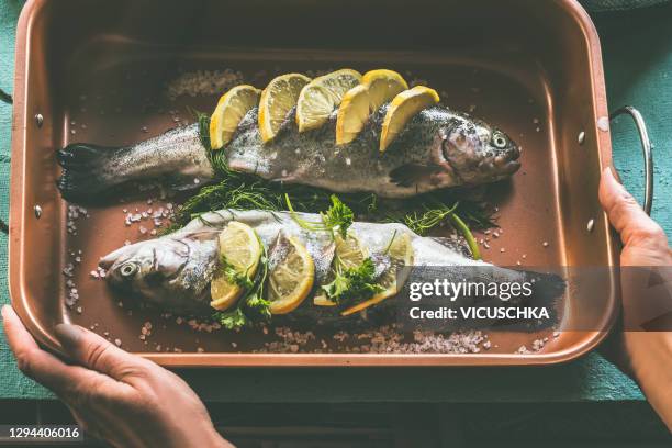 woman hands holding casserole with two trout fishes, flavoring with coarse salt, lemon slices and fresh herbs. - trout stock-fotos und bilder