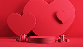 Minimal podium product background for Valentine, Red heart and gift box with ribbon bow on red background.