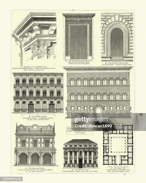 examples of italian renaissance architecture, florence, rome - facade cornices stock illustrations