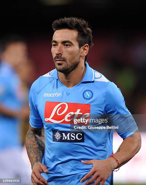 Ezequiel Lavezzi of Napoli in action during the Serie A match between SSC Napoli and Parma FC at Stadio San Paolo on October 15, 2011 in Naples,...