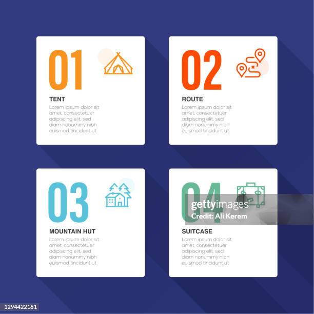 infographic design template. tent, mountain hut, route, suitcase icons with 4 options or steps. - summer life fun beach clip art stock illustrations