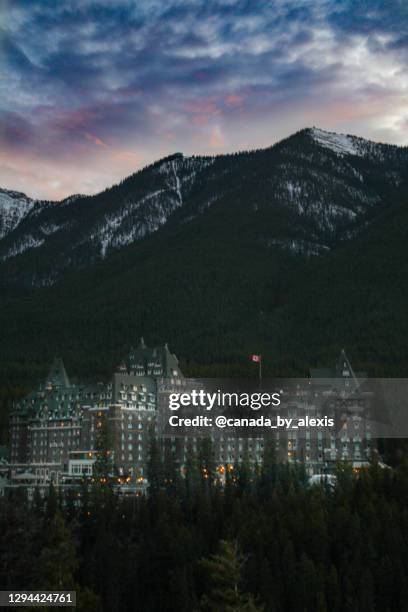 banff hotel sunset - banff springs hotel stock pictures, royalty-free photos & images