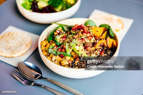 vegetarian bowl with avocado, pumpkin, lentil, pomegranate - lentilha imagens e fotografias de stock