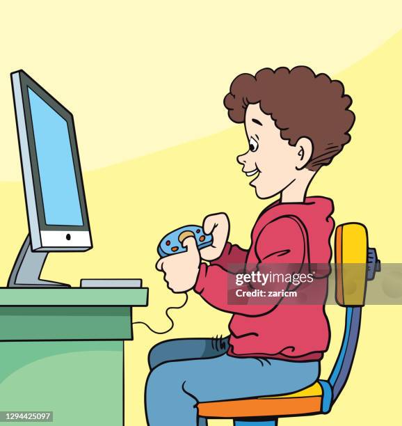 a boy is playing a game on the computer - game controller hand stock illustrations