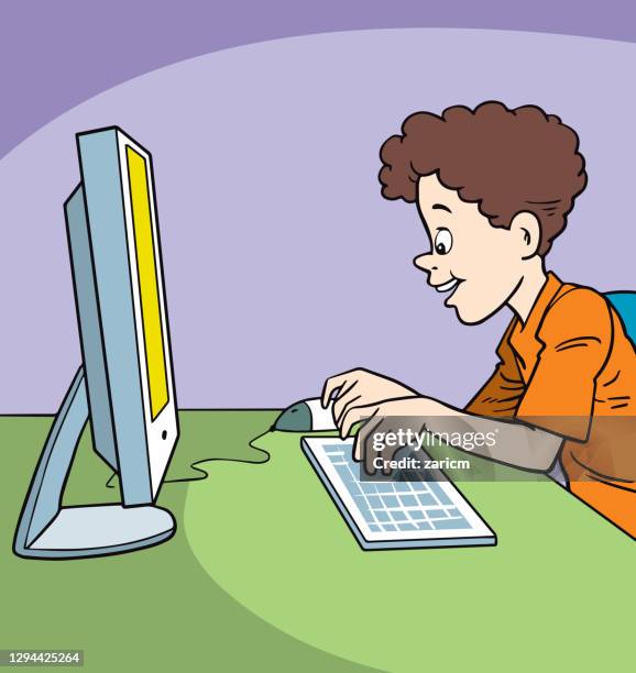 boy studying in his room, on the computer - computer room background stock illustrations