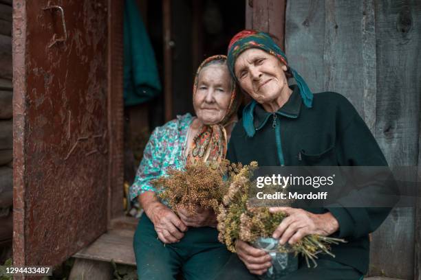 deux soeurs aînées s’assied près de leur hutte obsolète à la vieille ferme - peuple de russie photos et images de collection