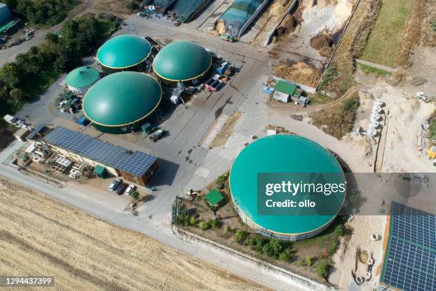 biogas plant and agricultural area - aerial view - petrol tank stock pictures, royalty-free photos & images