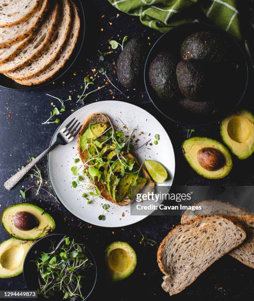 avocado toast on a plate with ingredients around it on black counter. - food styling fotografías e imágenes de stock