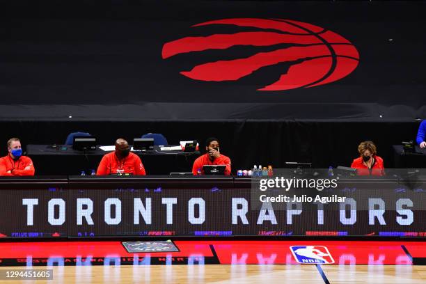 General view of the Toronto Raptors logo at Amalie Arena during a game against the New York Knicks on December 31, 2020 in Tampa, Florida. NOTE TO...