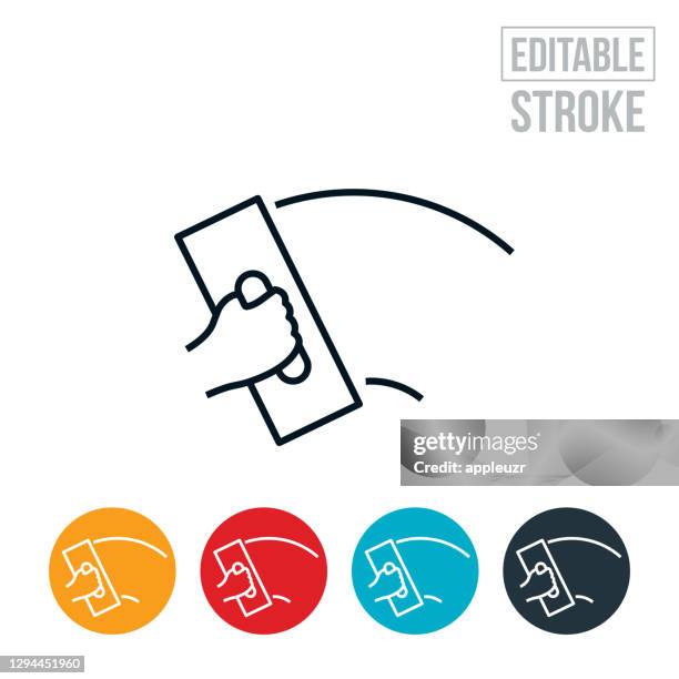 hand mit einem zement kelle dünne linie symbol - editierbarstrich - mörtel stock-grafiken, -clipart, -cartoons und -symbole